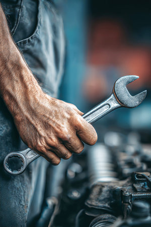 A skilled mechanic stands beside an open car engine, holding a spanner, ready to tackle the repair in a dimly lit garage space filled with warm hues.の素材