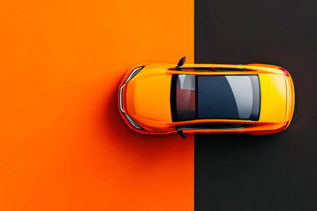 A sleek car is viewed from above, set against a vibrant orange and deep black background, merging style and simplicity in an artistic way.の素材