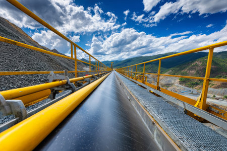 A sleek steel conveyor belt stretches through an open gold mine, bordered by bright yellow railings, all set against a clear blue sky on a sunny day.の素材