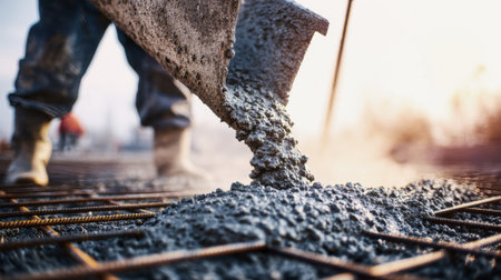 Worker skillfully pours concrete onto a reinforcing mesh at a busy construction site, capturing the essence of craftsmanship under soft lighting conditions.の素材