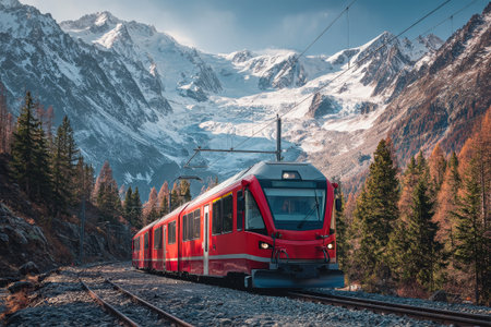 Snow-capped mountains frame a red electric train gliding smoothly along the tracks, surrounded by lush forests and distant glaciers, showing natural beauty.の素材