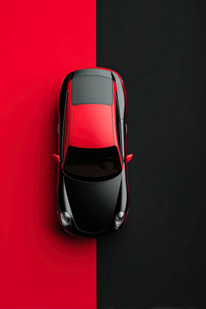 A sleek car rests on a bold red and black background, showing its minimalist design from a top perspective, blending art and automotive aesthetics uniquely.の素材