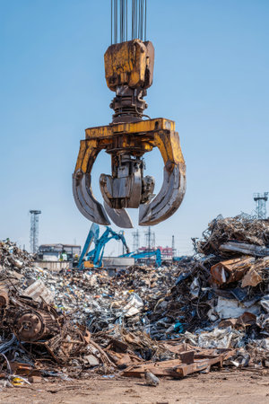 A massive crane equipped with a magnetic grab is actively lifting scrap metal from a landfill, set against a vibrant blue sky, showcasing industrial efforts in recycling.の素材