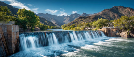 Water flows dramatically over a dam, creating a stunning display against a backdrop of towering mountains and a bright blue sky during daylight.の素材