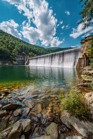 Water tumbles majestically over the dam, creating a stunning flow into the serene lake. Sunlight sparkles on the water while clouds float lazily above.の素材