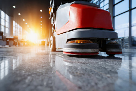 A professional floor cleaning machine operates on a gleaming concrete floor, reflecting sunlight in an office setting, showing cleanliness and detail.の素材