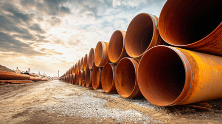 Underground pipeline construction is underway at an oil and gas facility, with large pipes in place beneath a dramatic sky, showing a strong operation.の素材