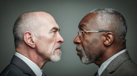 Two middle-aged men from different backgrounds clash intensely, their expressions showing the battle for power and recognition at work.の素材