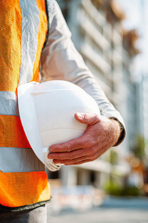 An engineer in a safety vest stands confidently at a construction site, cradling a white hard hat in one hand while overseeing ongoing building activities.の素材