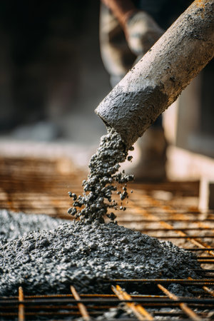 Close-up of concrete being poured at a construction site, showcasing the worker's hand and the textured mix. Sand particles enhance the realism of the pour.の素材