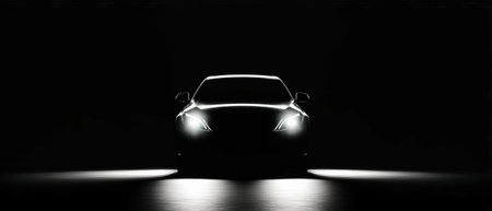 A sleek car silhouette shines with headlights on a pure black background, emphasizing its design with minimalist elegance and high-quality detail.の素材