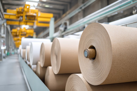 Large rolls of brown kraft and white cardboard line a modern production facility. Yellow cranes operate efficiently in a well-lit factory environment.の素材
