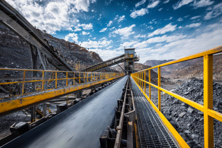 Modern conveyor belt showcases efficient material transport at a vast open gold mine, surrounded by dramatic mountains and lush greenery on a sunny day.の素材