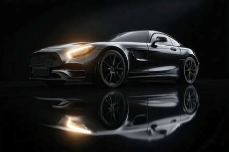 A luxury sports car's sleek design stands out against a rich black background, enhanced by dramatic lighting and reflections for stunning visual impact.の素材