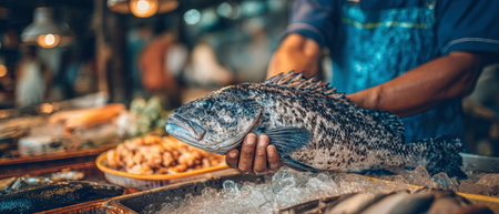 A fish seller proudly displays a fresh grouper fish on a market stall surrounded by ice and various seafood, reflecting a vibrant marketplace atmosphere.の素材