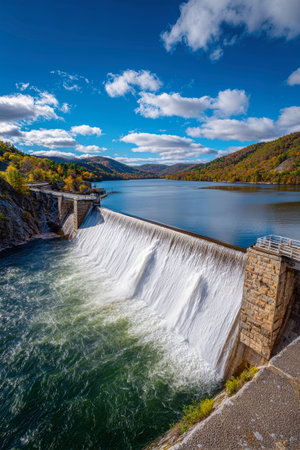 Bright sunlight glimmers on the water as it cascades over a towering dam into a peaceful lake, surrounded by a vibrant fall landscape in West Virginia.の素材