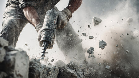 A worker engages in breaking down a concrete wall using a jackhammer, sending dust and debris into the air. The atmosphere captures industrial energy and focus.の素材