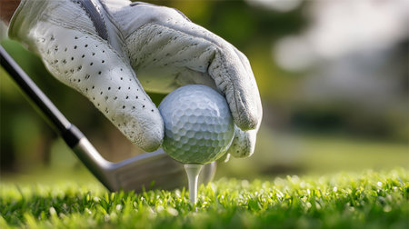 A focused golfer grips a club and positions a golf ball on the tee, surrounded by a lush golf course, ready to make a skillful swing.の素材