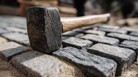 Workers meticulously lay cobblestones, using a rubber sledgehammer on sand while a charming stone pavilion stands in the background, enriching the rustic atmosphere.の素材