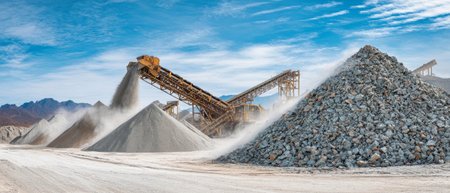 Large stone crusher machinery operates in a granite quarry, moving gray sand and rocks onto marble powder piles, with gray powder in the foreground under a blue sky.の素材