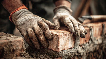 Close-up view captures a skilled worker with dirty hands placing bricks on a wall, surrounded by tools, showcasing craftsmanship in a vibrant working environment.の素材