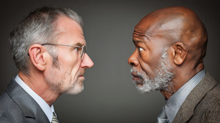 Two middle-aged men face each other intensely, their expressions revealing a struggle for power and respect in a high-stakes work environment.の素材