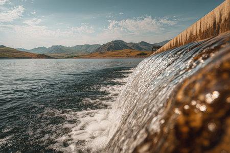 Water flows over the dam's edge, creating a stunning display against the backdrop of clear skies and distant mountains on a warm summer day.の素材