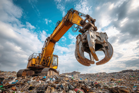 A large metal scrap grab from an industrial crane lifts waste from a landfill, showing the process of recycling and waste management set against a bright blue sky.の素材
