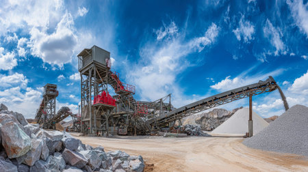 A granite quarry shows red and gray machines crushing stone, with white sand ejected against a bright blue sky, showcasing industrial activity.の素材