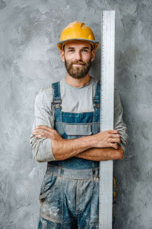 A skilled worker stands against a concrete wall, confidently holding a long aluminum rule for leveling plaster while engaged in home construction.の素材