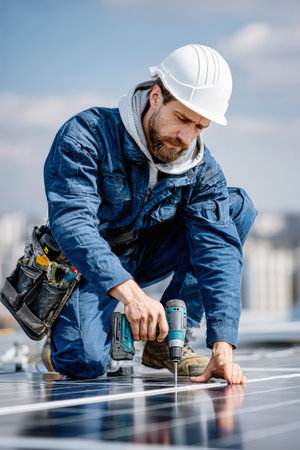 A skilled worker in blue attire and white hard hat installs solar panels on a rooftop, utilizing a drill and tool bag. Natural light highlights this sustainable project.の素材