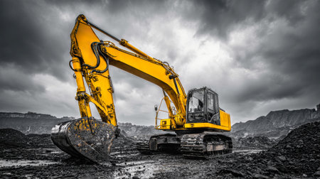 A yellow excavator stands prominently at a mining site, its open bucket surrounded by heavy black soil. Dark clouds loom overhead, enhancing the rugged atmosphere.の素材