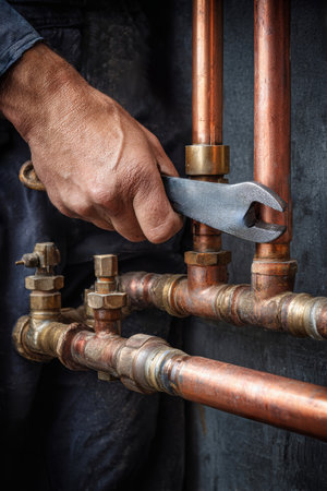 Expert hands grasp a wrench as a plumber fine-tunes a home heating system, showing precision and craftsmanship in an intimate setting.の素材