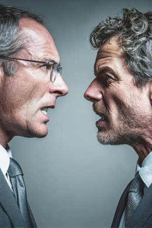A middle-aged subordinate passionately confronts his boss in a tense dialogue, showcasing intense emotions against a simple gray backdrop with focused studio lighting.の素材