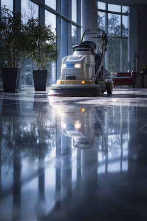 In a bright office building, a worker uses a floor cleaning machine to meticulously polish the shiny surface, reflecting natural light beautifully throughout the space.の素材