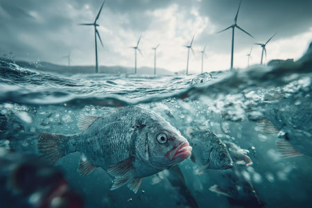Wind turbines gracefully spin in the ocean backdrop as schools of fish swim below, captured in a striking interplay of modern technology and marine beauty.の素材