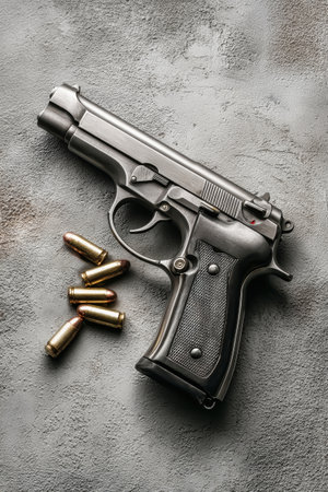 A dark metallic black pistol lies on gray concrete with nearby bullets, featuring a powerful design ideal for self-defense and combat themes.の素材