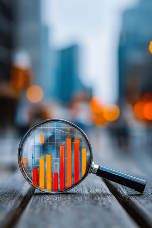 A magnifying glass hovers over a bar depicting charting stock market data, highlighting growth against a backdrop of a digital cityscape in striking orange and blue tones.の素材