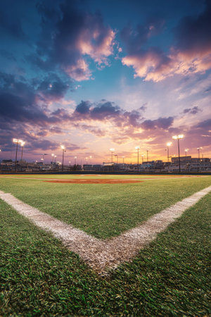 A vibrant baseball field glistens in the warm hues of sunset, illuminated by stadium lights, eagerly awaiting players for an exciting game.の素材