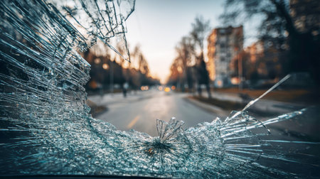 Through the fractured glass of a broken windshield, the city street reveals an enchanting landscape of trees and buildings bathed in soft sunset light.の素材