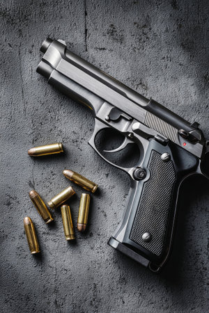 A black pistol sits beside golden bullets on a textured gray surface, forming a striking visual with room for more text.の素材