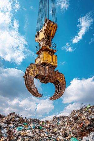 A large crane with a magnetic grab hoists scrap metal from a landfill, showing the process of recycling amidst a vibrant blue sky filled with clouds.の素材