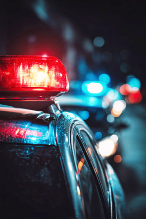 Flashing lights on a police car illuminate the night, adding vibrant colors to the urban scene.の素材