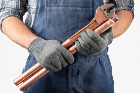 Focused workers tackles plumbing issues using a pipe wrench to fix copper pipes in a cozy indoor setting, highlighting craftsmanship in each detail.の素材