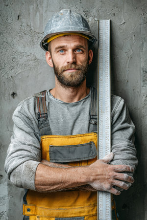 A skilled worker in yellow overalls and a hard hat levels plaster with an aluminum rule, focused on his task amidst a concrete wall during construction.の素材