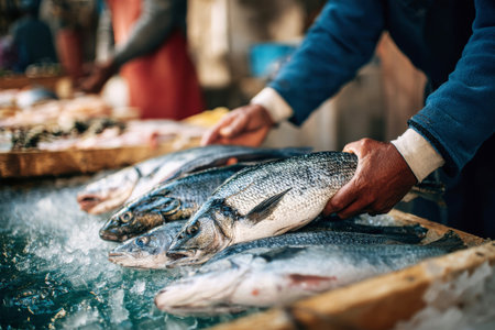 Fisherman carefully handles a fresh sea bass on ice, expertly tending to the display while surrounded by an assortment of deep-sea fish at a bustling market.の素材