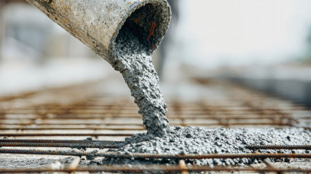 A worker expertly pours concrete from a hose onto a reinforcing mesh, creating a seamless blend of craftsmanship and industrial design in natural light.の素材
