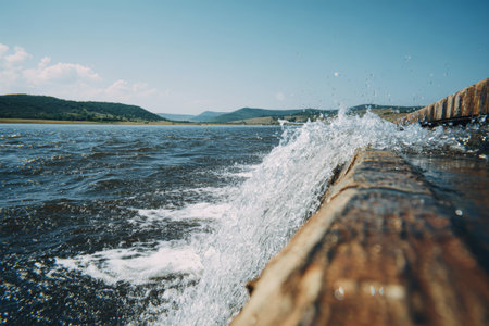 Sunlight glistens on water pouring from the dam, creating beautiful splashes while a serene landscape unfolds in the background on a perfect summer day.の素材