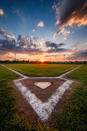 A baseball field basks in the glow of a setting sun, where vivid clouds reflect beauty above the fresh green grass and white lines of home plate.の素材