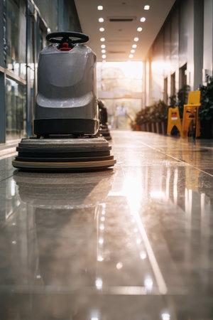 Floor cleaning is underway in a modern office building as sunlight filters through glass windows, creating a warm and inviting atmosphere in the hallway.の素材